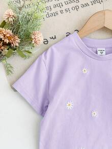 SHEIN LMoss Kids Young Girl Embroidered Loose Fit Crew Neck Casual T-Shirt - Mauve Purple - View 5