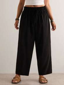 Freevana Pantalones casuales de unicolor con lazo en la cintura para mujer de talla grande - Negro - Ver 4