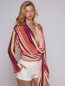 MUSERA Striped Plunge V Front Tie Side Long Sleeve Top Spring Summer Vacation Beach Elegant Ibiza Festival Holiday Tajine - Pink - View 4