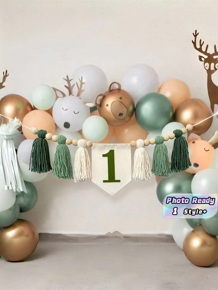 1 Buah Banner Kursi Tinggi Ulang Tahun dengan Karangan Bunga Hijau Cokelat untuk Dekorasi Pesta, Properti Photo Booth, Perayaan Natal - MultiWarna - View 1