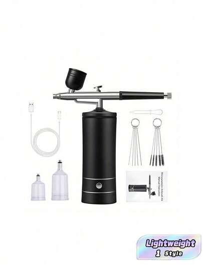 1set Spray Guns, Airbrush Kit With Compressor - 48PSI Rechargeable Cordless Non-Clogging High-Pressure Air Brush Set With 0.3mm Nozzle And Cleaning Brush Set For Nail Art, Painting, Cake Decor Tools