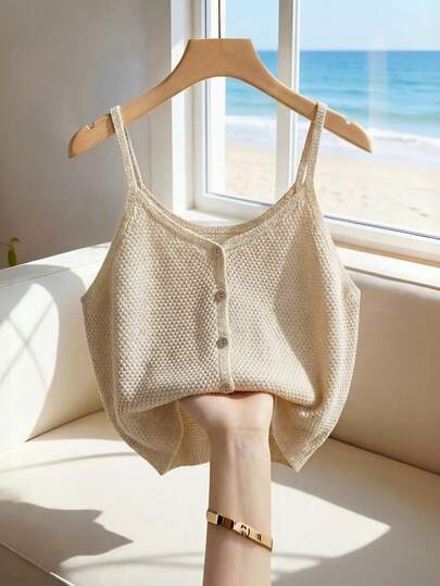SHEIN Franclia Damen Sommer Neu Französisch Casual Strick Trägerhemd, Einreihiges Design, Cut Out Strickstruktur, weiche Atmosphäre, Pendler-/Bürokleidung Layering Stil, eleganter V-Ausschnitt, beige ärmelloses Strick Cardigan, Damen ärmelloses Sweatshirt, Damen Strick Top, Woll Strick Pullover, Damen kurzer Strick Cardigan, Sommer Top, Urlaubsoutfit, Freizeitoutfit, Damen Strandoutfit, Damen Casual Top