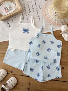 SHEIN Bộ đồ hè 4 món dễ thương và thoải mái cho bé gái: Áo tank top trắng hồng in hình nơ hồng và quần short – Bộ 4 món - Màu xanh nhạt - Xem 4