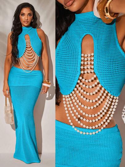 Radiana Women's Faux Pearl Chain Decor Camisole And Fish Tail Skirt 2-Piece Set, Teal Blue