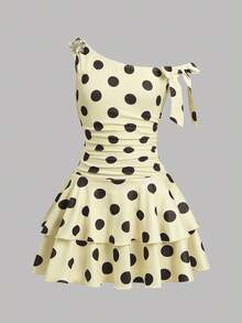 SHEIN Tween Girl Casual Cute Commuting Off-Shoulder Polka Dot Yellow Asymmetric Dress - Yellow - View 6