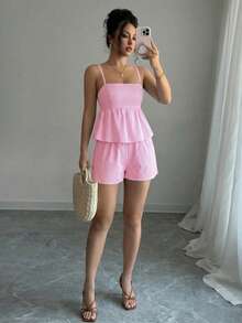 Selianne Camiseta sin espalda de lino con cuello en V profundo a rayas azul y blanco, de cintura baja con cordón, suelta y casual, corta y sexy, elegante para el verano para mujer, diseño con lazo sin espalda para vacaciones de verano - Rosa - Ver 5