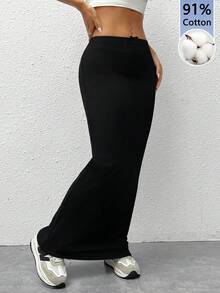 SHEIN EZwear 91%棉质蝴蝶刺绣女士黑色针织紧身及膝裙 - 彩色 - 查看 7