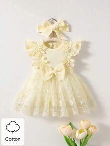 SHEIN 新生女嬰白色羅紋3D刺繡蝴蝶結網紗無袖洋裝附髮帶套裝，夏季可愛馬卡龍色優雅婚禮賓客戶外拍照穿搭 - 杏色 - 查看 3