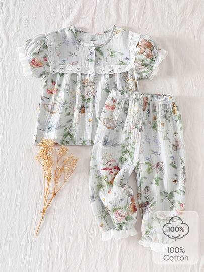 2pcs/Set Young Girl' Cute Animal Kingdom Cartoon Print Short Sleeve Cardigan & Pants Pajama Set, Soft Comfortable Cotton, Summer