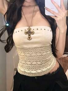 INAWLY Áo ống ôm sát phối ren tương phản phong cách thường ngày dành cho nữ - trắng - Xem 3