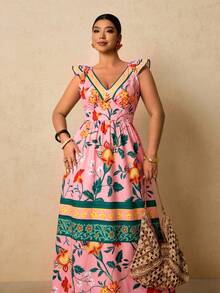Travachic Plus Size Women's Tropical Floral Print Maxi Dress, V-Neck Flutter Sleeve Cinched Waist A-Line Long Dress, Romantic Vacation Dress For Early Spring - Pink - View 6