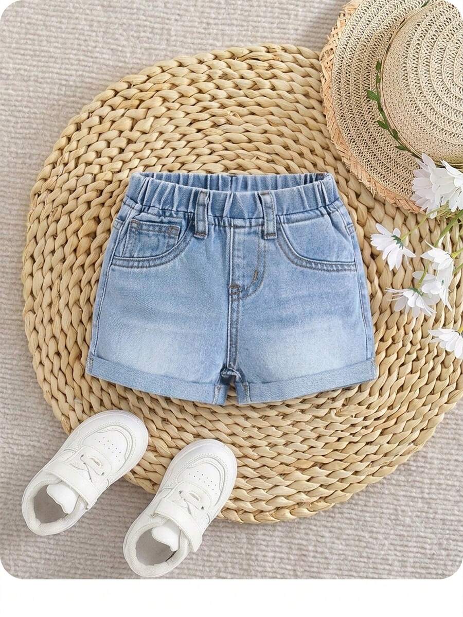 SHEIN 嬰兒女春夏波西米亞可愛牛仔短褲,水洗休閒時尚舒適柔軟的牛仔短褲 - 淺色水洗藍 - 查看 1