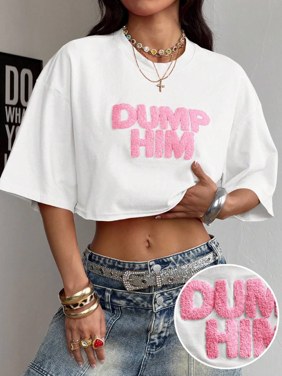 Coolane Summer Outfit For Women Streetwear Going Out Casual Pink Letter Embroidered Round Neck Short Sleeve White Casual T-Shirt,Summer Top - White - View 1