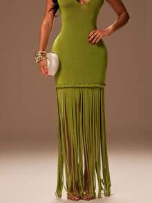 Radiana Olive Green, Deep V-Neck Halter Backless Fitted Dress,70s Elegant Long Tassel Hem Twist Rope Design,Summer Party,Beach Holiday & Nightclub Outfit - Olive Green - View 7
