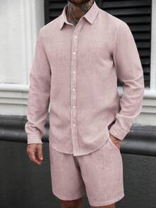 Manfinity RSRT 2pcs Men's Solid Color Front Button Long Sleeve Shirt And Slant Pocket Shorts Set, Holiday - Pink - View 6