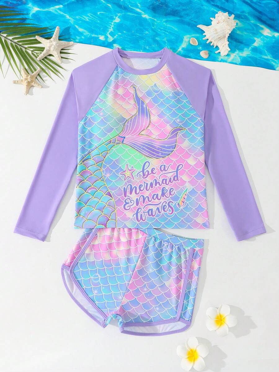 SHEIN 少女比基尼泳衣，女童泳装，上衣式比基尼，休闲度假风，紫色泳衣，彩色美人鱼鳞片印花，针织面料，两件套