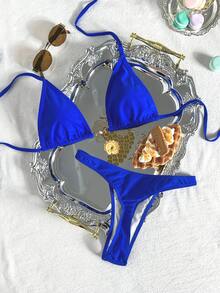 Swim Vcay Set Pakaian Renang Bikini Seksi Wanita Musim Panas Warna Polos dengan Tali Leher untuk Pantai - Royal Blue - View 3