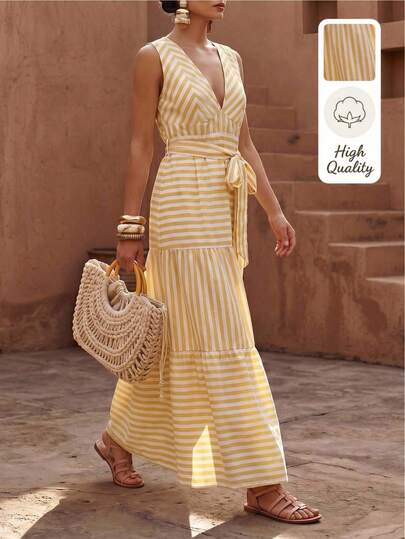 Zivah Đầm dài nữ dáng chữ A màu vàng trắng kẻ sọc, cổ chữ V, eo ôm, thắt nơ, phong cách boho, thường ngày, thích hợp cho kỳ nghỉ hè. Phù hợp cho mặc hàng ngày, du lịch, nghỉ mát, lễ hội âm nhạc, phong cách boho, tiệc tùng, trang phục sân bay, ăn trưa, đi biển, bờ biển, phong cách miền Tây.
