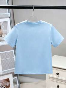 Elladie kids Camiseta casual de manga corta con cuello redondo, bordado de lazo con cuentas, talla estándar para niñas jóvenes - Celeste - Ver 2
