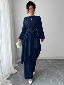 Modelyn 2pcs/Set Women Solid Color Tie-Up Asymmetrical Hem Top And Pants - Royal Blue - View 3