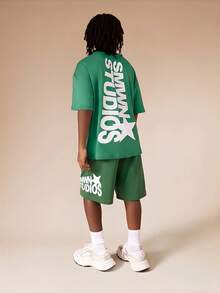 SUMWON Studios Logo Tween Boys Short Sleeve T Shirt And Shorts Co Ord Set Green Pastel Graphic Print Two Piece Outfit - Green - View 1