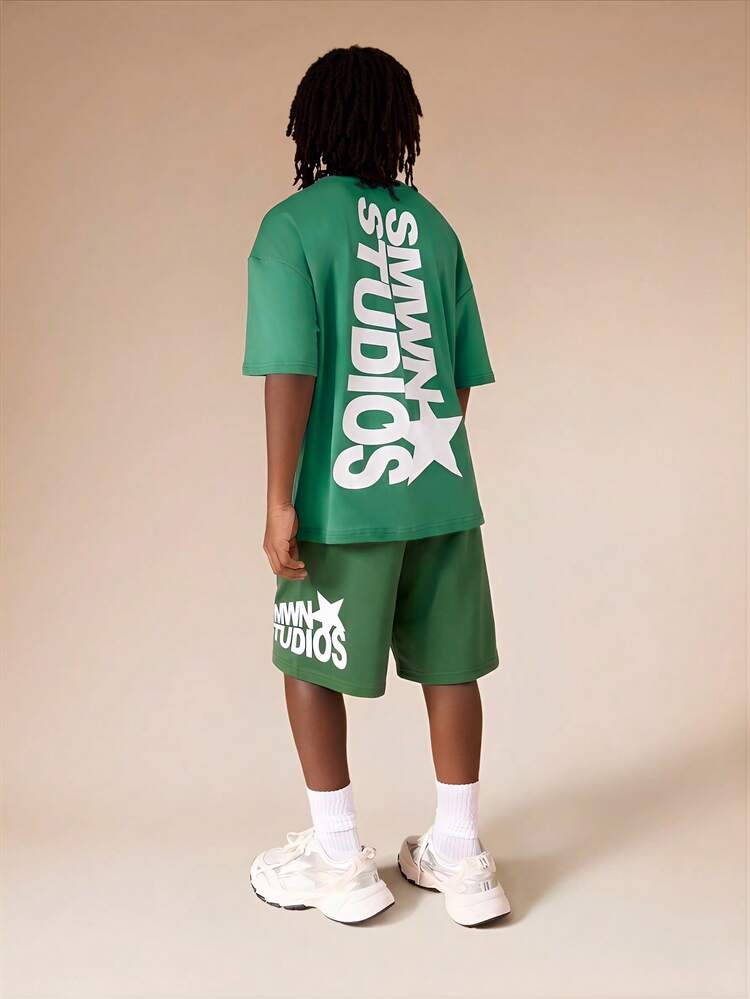 Conjunto de Camiseta de Manga Curta e Shorts Coordenados para Meninos Pré-Adolescentes, Estampa Gráfica Verde Pastel, Conjunto de Duas Peças