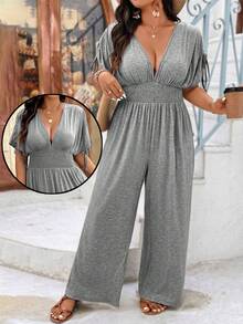 Weeklong Plus Size V-Neck Soft Knit Adjustable Shoulder Jumpsuit With Drawstring Waist, Casual Comfortable Outfit For Vacation - Light Grey - View 6