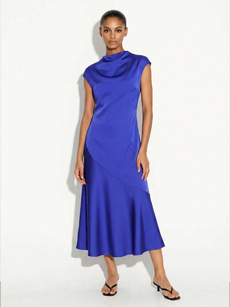 KSTM Women's Satin Draped Cowl Neck Sleeveless Midi Maxi Dress Elegant Party Evening Formal Occasion Asymmetrical Hem Blue