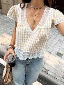 Serisse 女士夏季休闲格子撞色蕾丝衬衫 - 卡其色 - 查看 7