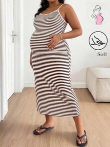 SHEIN Maternity Plus Size Striped Casual Strap Dress Summer Dresses Vacation Outfits Work Outfits - Multicolor - View 1