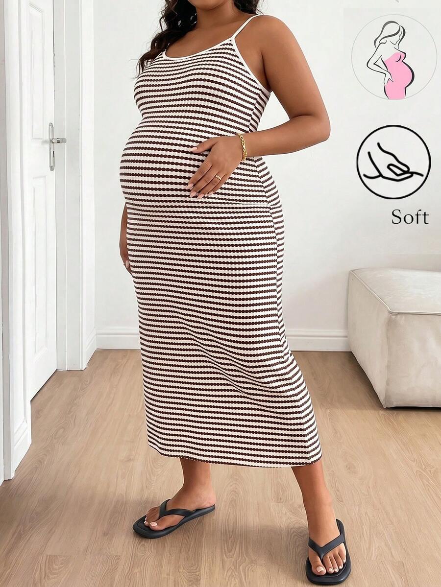 SHEIN Maternity Plus Size Striped Casual Strap Dress Summer Dresses Vacation Outfits Work Outfits - Multicolor - View 1