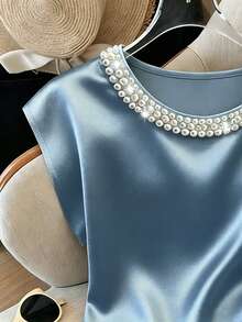 Franclia Áo thun không tay dáng rộng, thanh lịch, cổ ngọc trai kiểu Pháp, chất liệu satin, eo cao, thích hợp mặc thường ngày và đi nghỉ mát, mùa xuân/hè. - Màu xanh bụi bặm - Xem 3