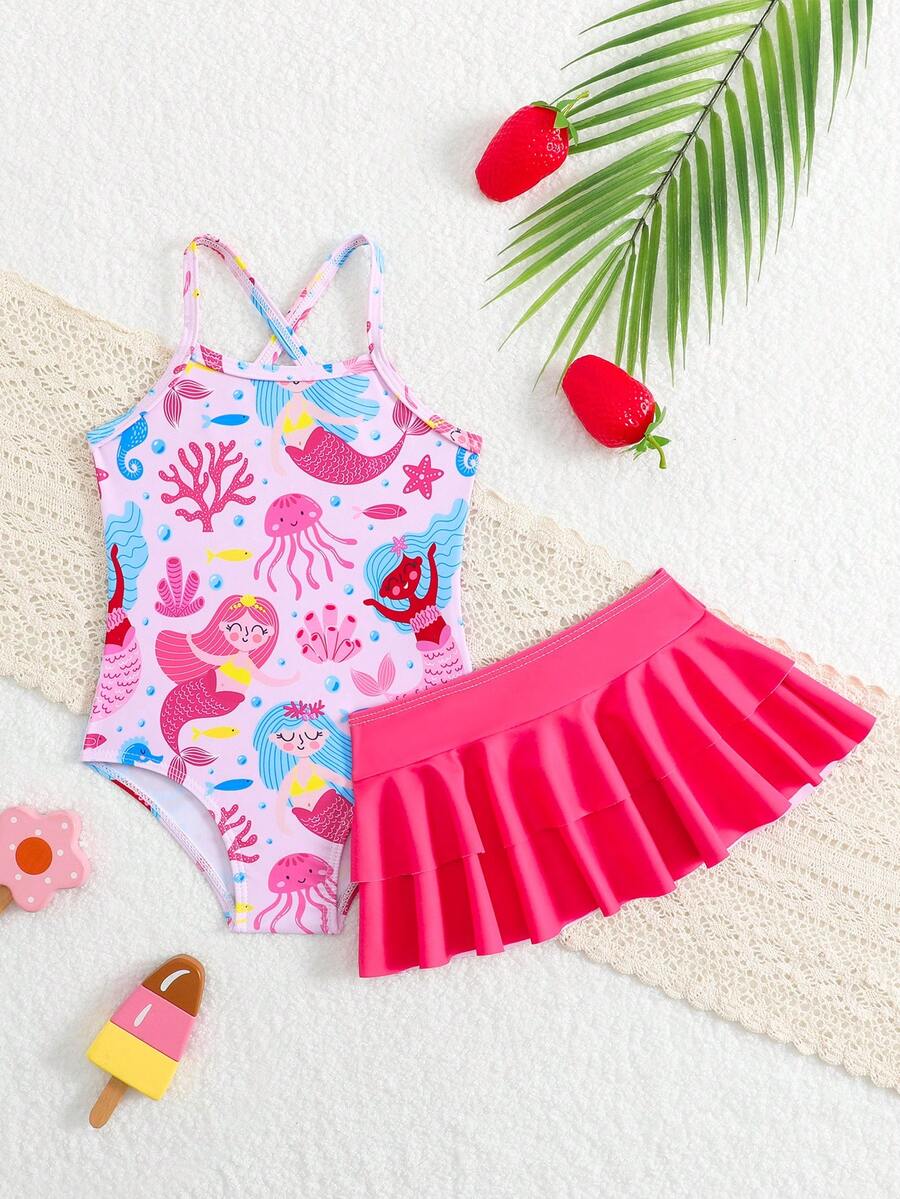 SHEIN GraphicGems Bộ đồ bơi 2 mảnh cho bé gái, họa tiết nàng tiên cá dễ thương, chất liệu vải dệt kim, dây đeo chéo có thể điều chỉnh, kèm chân váy xếp ly, kiểu dáng thời trang, thanh lịch, phù hợp cho bơi lội, nghỉ mát và mùa hè. - Đỏ - Xem 1