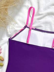 SHEIN Traje de baño de una pieza con estampado de flor de lirio y color contrastante para niña preadolescente - Morado - Ver 4