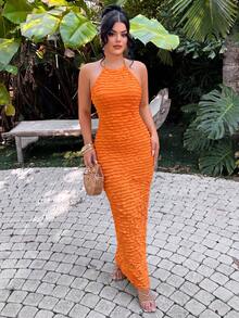 SHEIN SXY Women's Orange Summer 70's Holiday Night Out Club Party Disco Holiday Solid Color Frill Trim Halter Backless Beach Birthday Dress Vacation Outfits - Orange - View 3