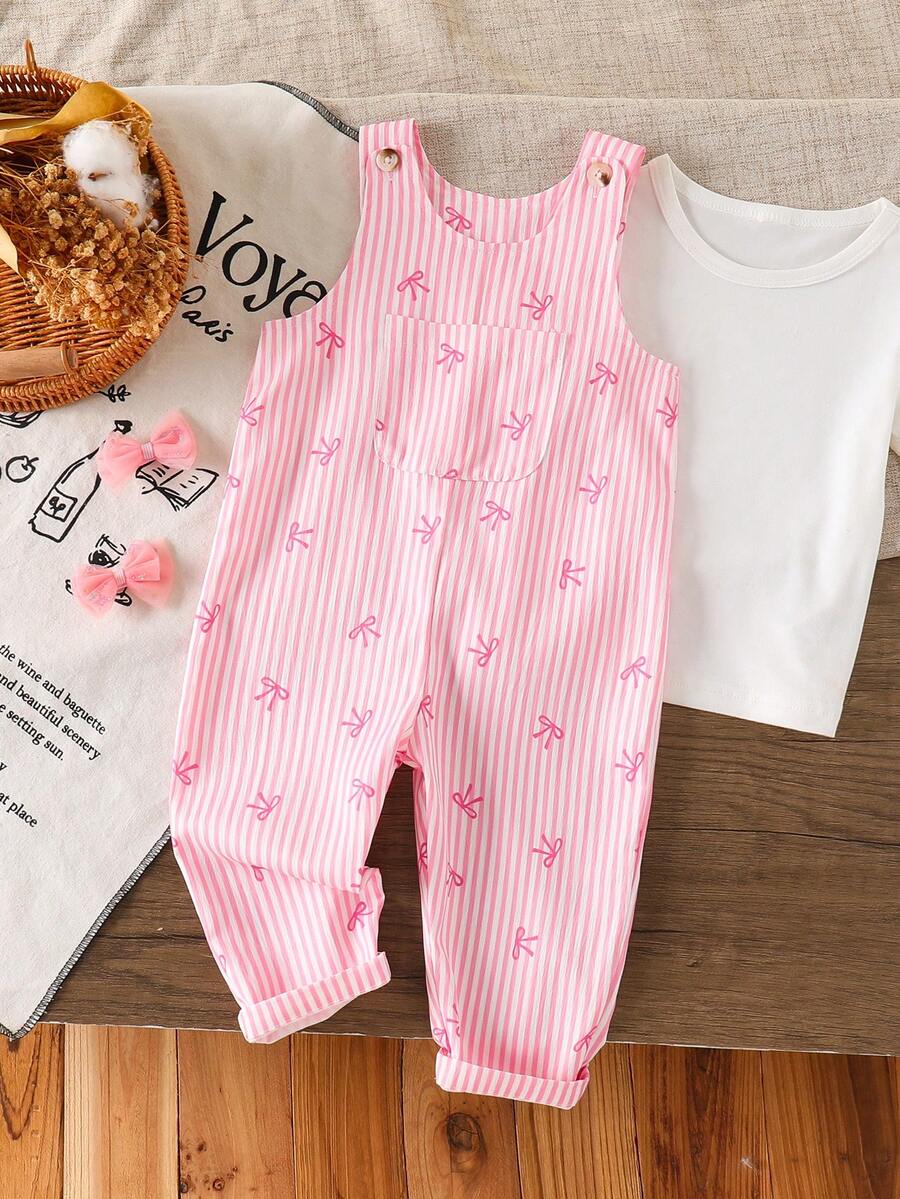 SHEIN Playful Pals 女婴0-3岁春秋季粉色条纹蝴蝶结印花基础款背带裤套装,胸前口袋装饰,柔软水洗褶皱面料,舒适休闲版型,适合外出、居家、夏季穿着 - 粉色 - 查看 1