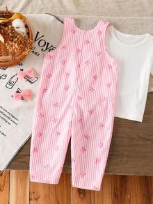 SHEIN Playful Pals 女婴0-3岁春秋季粉色条纹蝴蝶结印花基础款背带裤套装，胸前口袋装饰，柔软水洗褶皱面料，舒适休闲版型，适合外出、居家、夏季穿着 - 粉色 - 查看 2
