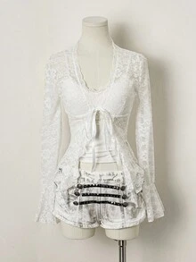 SHEIN DivaQ Women's Sexy Contrast Lace V-Neck Lace Trim Blouse - White - View 3