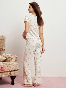 Elorette Conjunto de pijama casual y lindo con cuello de patrón de tulipán, empalmado y ribete de volantes - Blanco - Ver 2