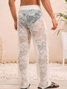 HIMLAND Men's Knit Casual Loose Elastic Waist Straight Leg Pants, Fashionable Daily Wear - White - View 2