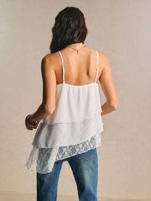 Poéselle Top de tirantes de mujer de unicolor con volantes multicapa y encaje - Blanco - Ver 2