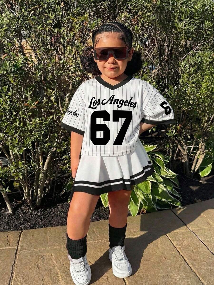 少女休闲黑白数字印花短袖上衣和迷你裙套装 - 黑與白 - 查看 1