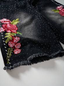 ROMWE MEN Men's Loose Fit Denim Shorts With Sparkling Diamond Floral Embroidery - Black - View 2
