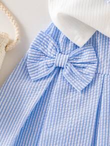Elladie kids 女童春夏校園風兩件套，白色針織圓領喇叭袖T恤配藍色蝴蝶結裝飾，搭配藍色編織鬆緊腰裙組 - 藍色 - 查看 6