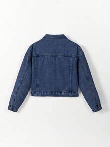 SHEIN 少女柔软棉质休闲牛仔外套，宽松版型，时尚百搭，舒适透气，简约百搭，前口袋设计，经典复古深蓝色，适合日常穿着和度假，四季皆宜。 - 深色水洗藍 - 查看 2