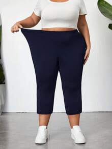 SHEIN CURVE+ 女款大尺碼開衩 7/8 長度緊身內搭褲，休閒彈性腰高彈力緊身褲，海軍藍，夏季，哥德風，健身房，日常畢業 - 藏蓝色 - 查看 5