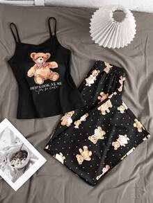 SHEIN Bộ đồ ngủ cho bé gái tuổi teen, áo hai dây ôm sát thoải mái với họa tiết gấu dễ thương và quần cùng họa tiết gấu, thích hợp cho mặc hàng ngày và ở nhà. - màu đen - Xem 1