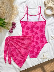 SHEIN Teen Girls' 1-Piece Leopard Floral Print Adjustable Strap Swimsuit With Leopard Floral Mesh Skirt 2-Piece Set - Multicolor - View 2