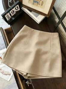 Franclia Women's Solid Color Metal Button Design Split Hem Culottes - Khaki - View 2