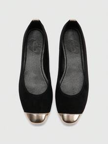 CUCCOO BIZCHIC Women Shoes Spring And Autumn Splicing Square Toe Flat Bottom, Simple Suede Shoes Commuting Shopping - Black - View 2